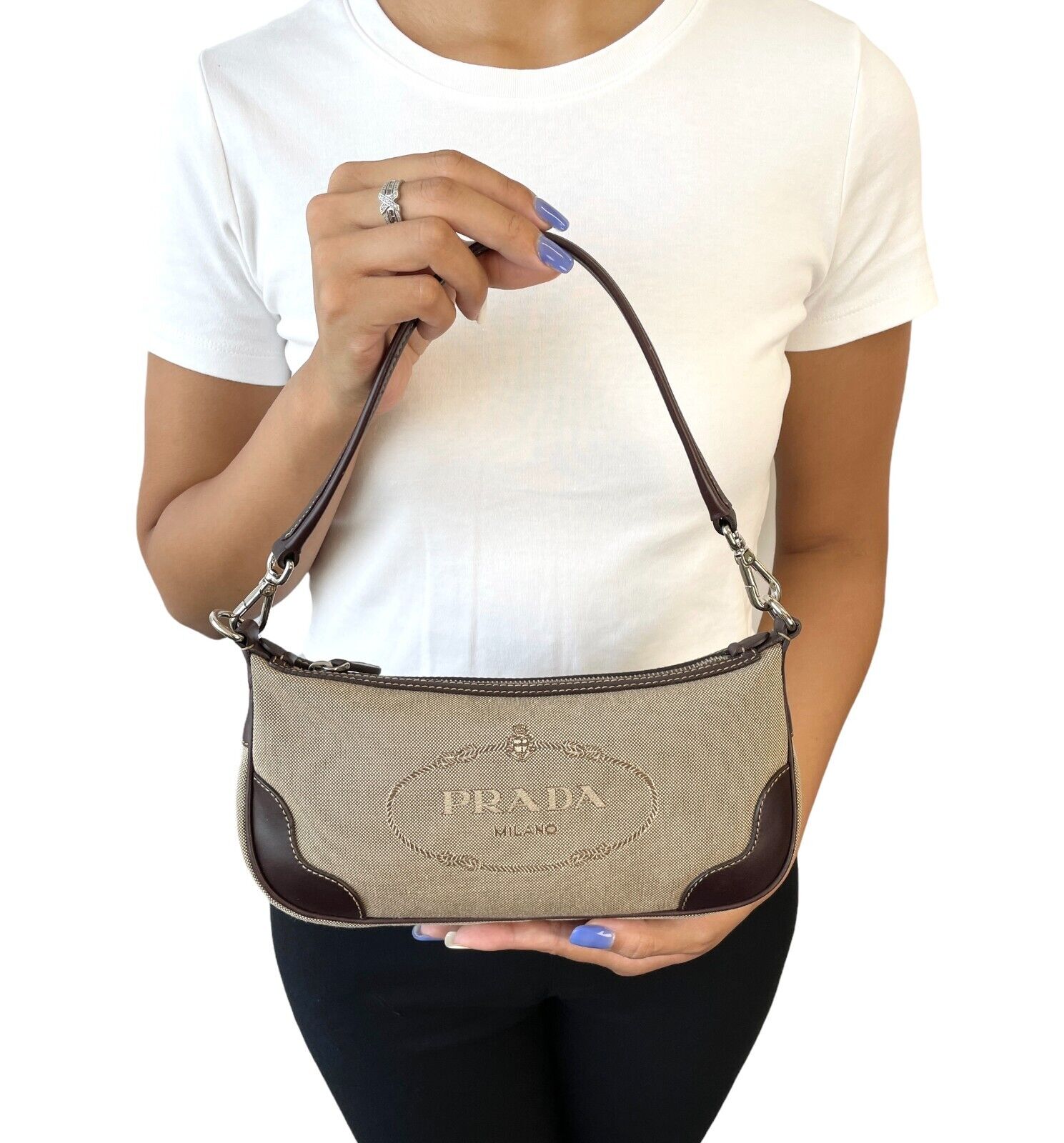 PRADA Vintage Logo Jacquard Pochette Shoulder Bag Beige Brown Cotton Zip
