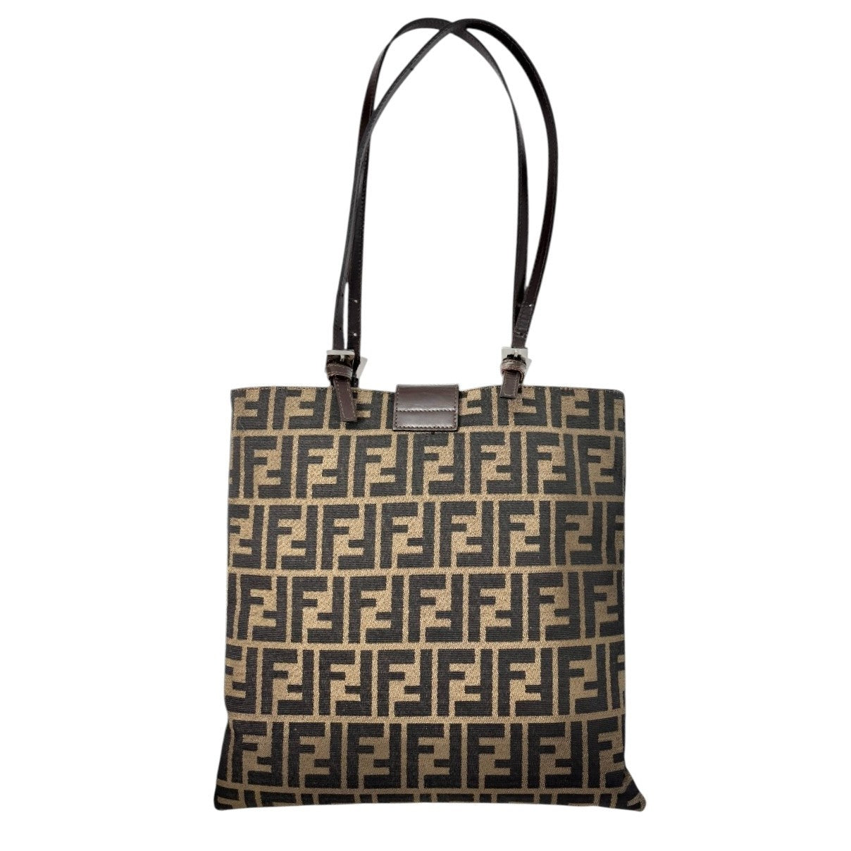 FENDI Vintage Zucca Logo Monogram Canvas Tote Shoulder Bag Leather Brown Silver