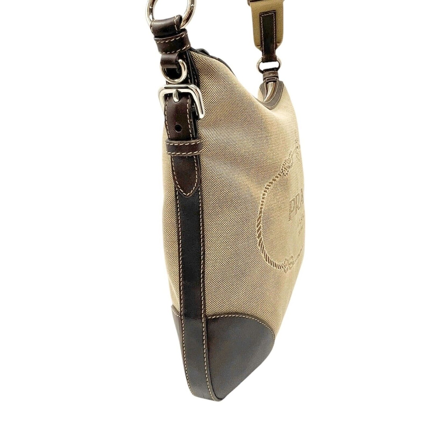 PRADA Vintage Logo Crossbody Shoulder Bag Zip Beige Brown Silver Canvas Leather
