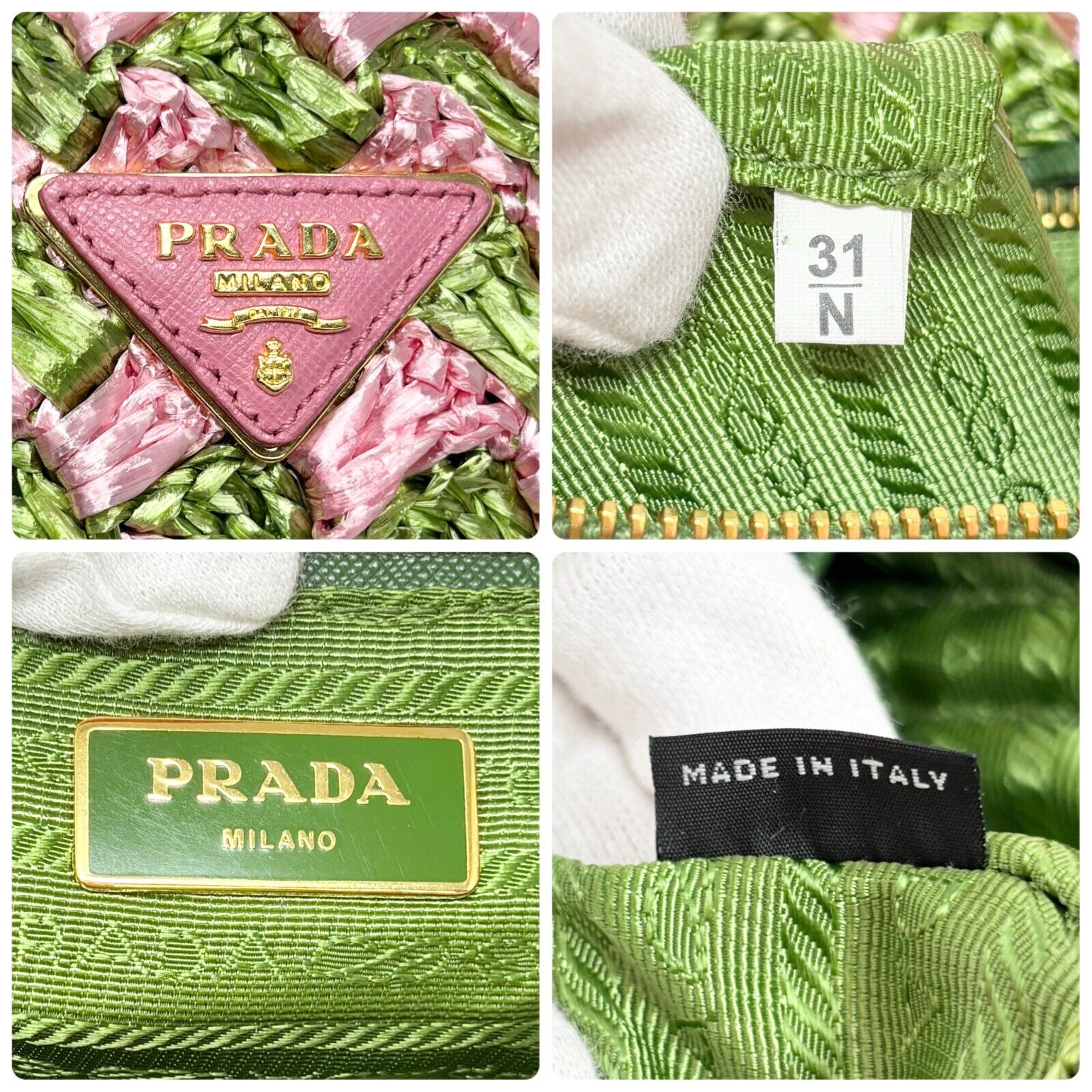 PRADA Vintage Logo Raffia Mini Tote Bag Pink Green Polyethylene Snap Button