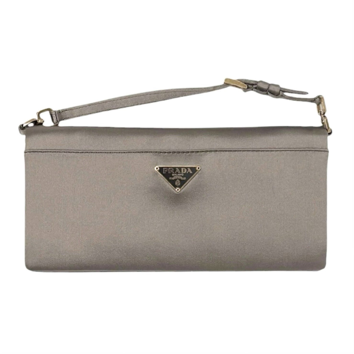 PRADA Vintage Logo Pochette Mini Hand Clutch Bag Satin Silver Gold 902499