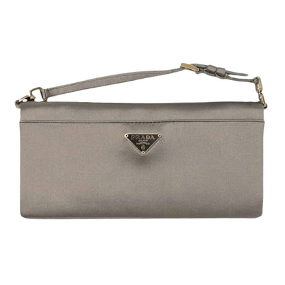 PRADA Vintage Logo Pochette Mini Hand Clutch Bag Satin Silver Gold 902499