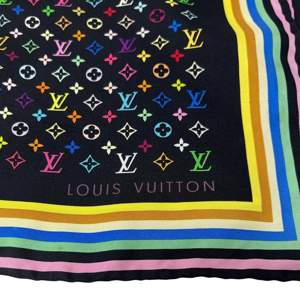 LOUIS VUITTON Vintage Monogram LV Logo Scarf Wrap Black Silk Multicolor