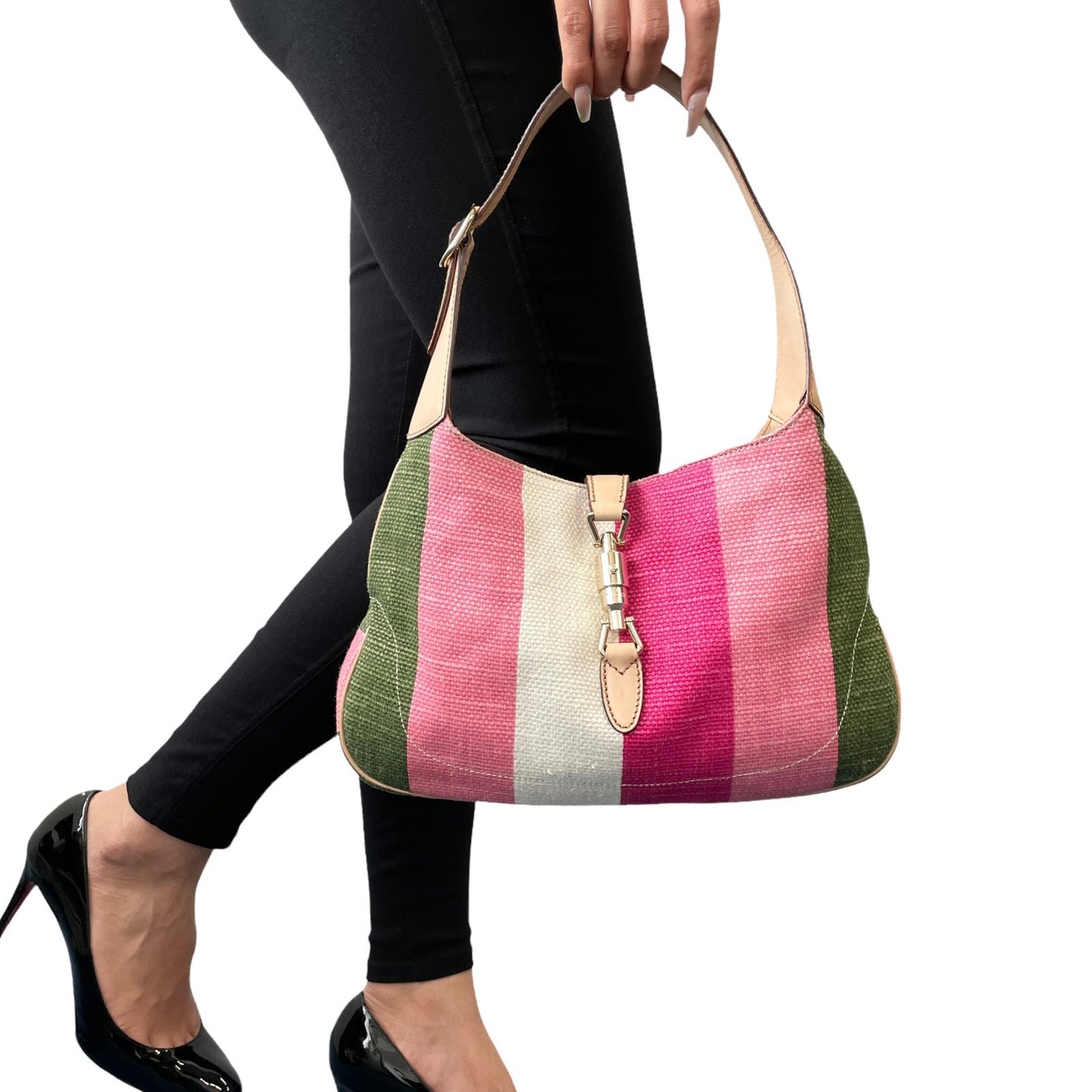 GUCCI Vintage Jackie Stripe Multicolor Shoulder Hobo Bag Handbag Beige Canvas