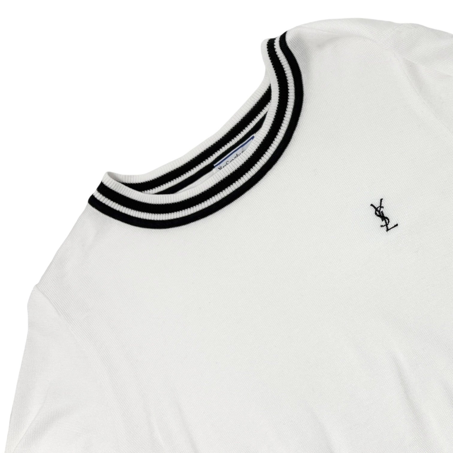 Yves Saint Laurent Vintage YSL Logo Knit T-shirt Top #M White Black Cotton