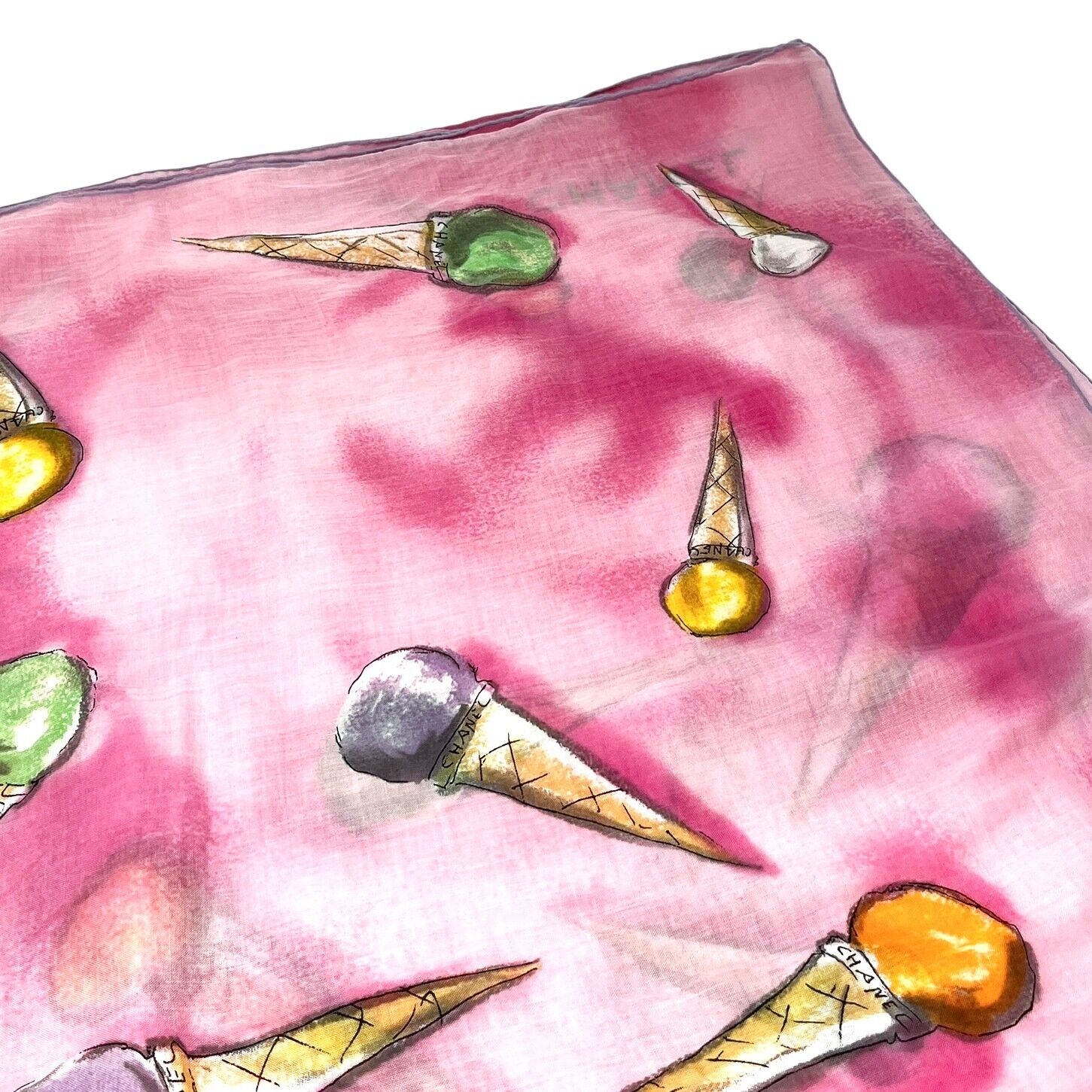 CHANEL Vintage Logo Ice Cream Print Wrap Pareo Big Scarf Dress Cotton Pink