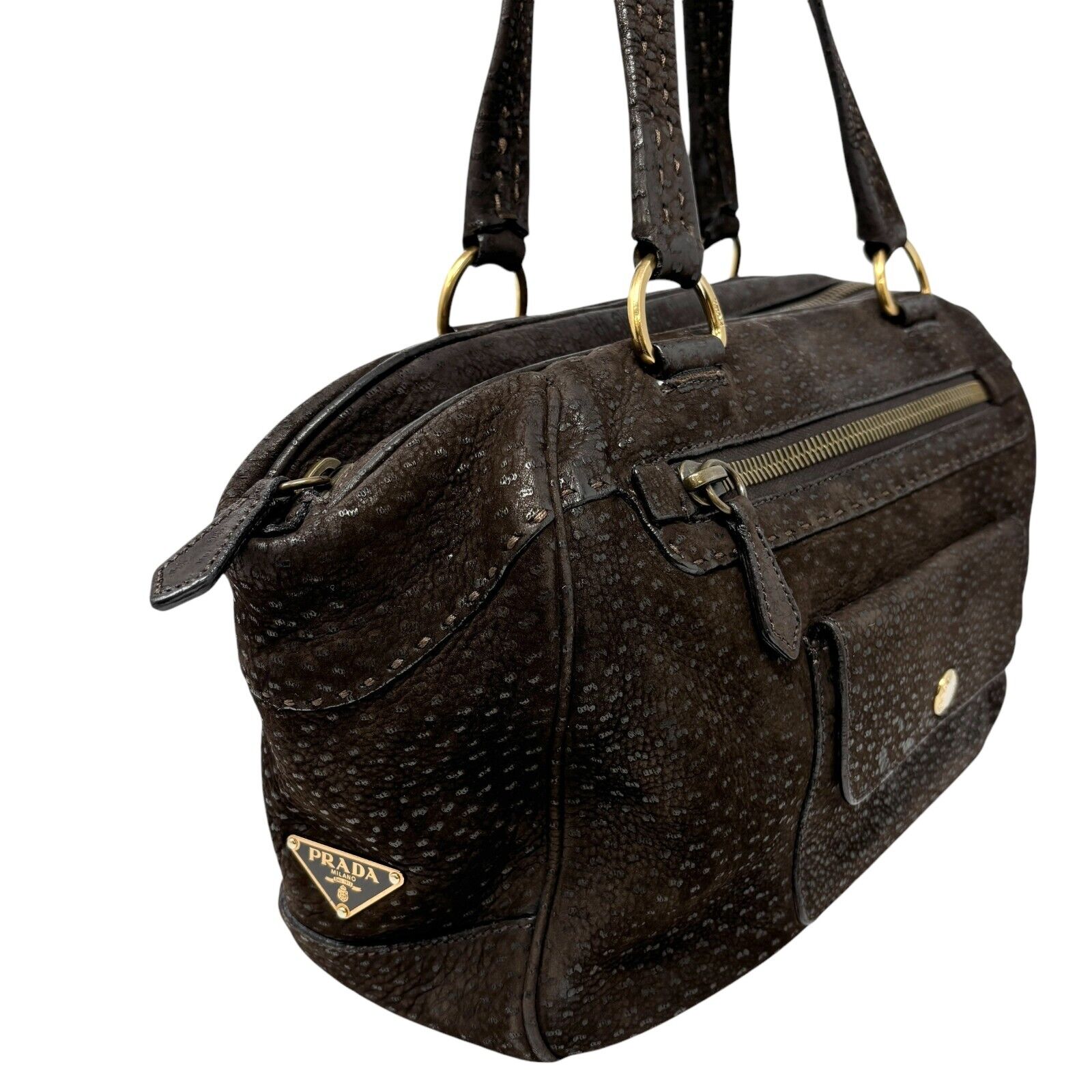 PRADA Vintage Logo Shoulder Bag Tote Bag Stitch Pocket Brown Gold Leather