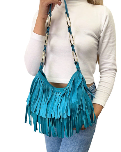 Yves Saint Laurent Vintage Rive Gauche Fringe Boheme Shoulder Bag Blue 902913
