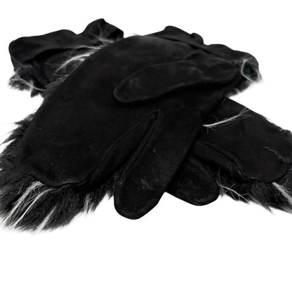 CHANEL Vintage CC Logo Fur Gloves Mittens #7.5 Black White Suede 902358