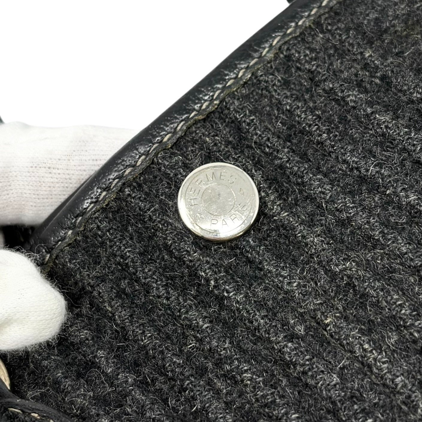 HERMES Vintage Ribbed Wool Garden Party 30 PM 2way Bag Black Silver Leather