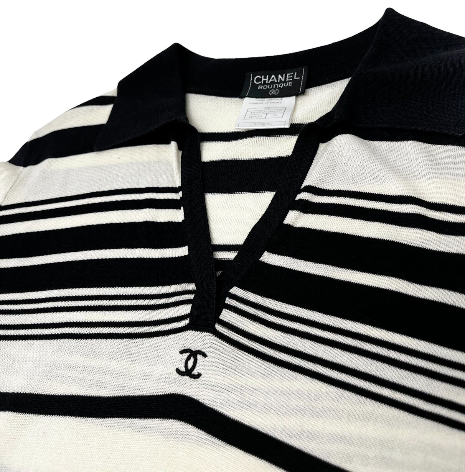 CHANEL Vintage 98P CC Logo Knit Polo Top #36 Stripe Black Cream Cotton Rank AB