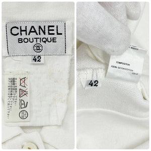 CHANEL Vintage 94P CC Logo Collared Top #42 White Gold Button Cotton Rank AB