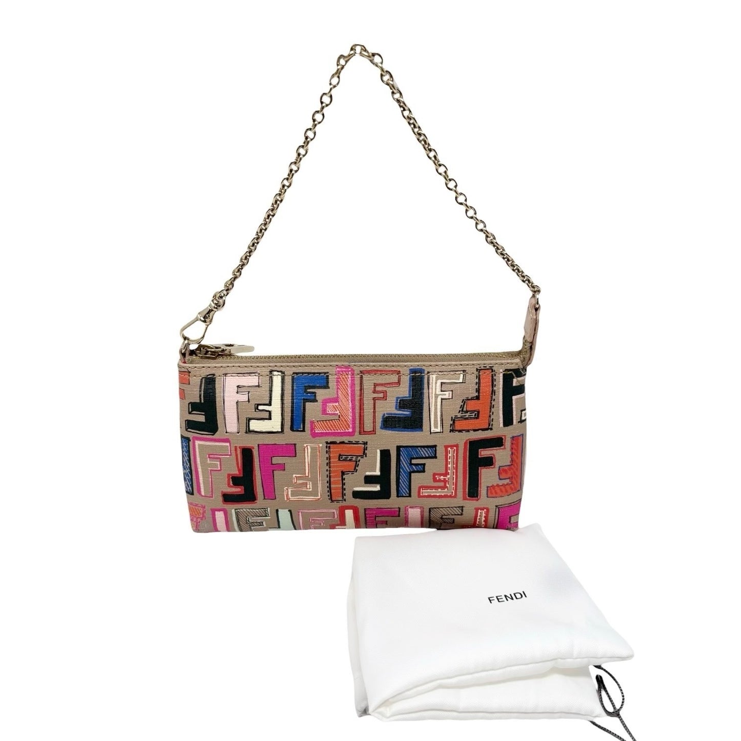 FENDI Vintage Zucca FF Monogram Chain Bag Pochette Beige Multicolor 901881