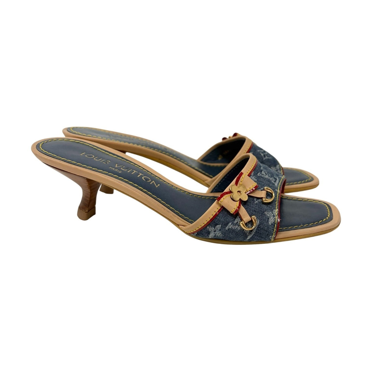 LOUIS VUITTON Vintage Monogram Denim Sandals Heels #36-36.5 Blue Beige 902374