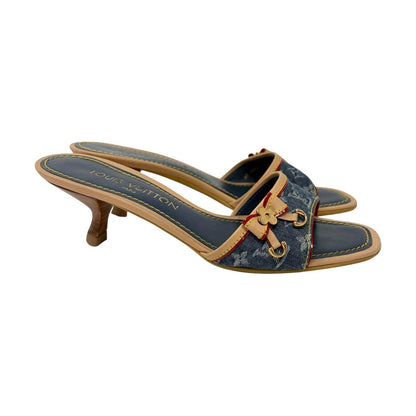 LOUIS VUITTON Vintage Monogram Denim Sandals Heels #36-36.5 Blue Beige 902374