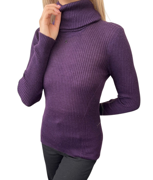 CHANEL Vintage 98A CC Logo Rib Knit Sweater Top #40 Turtleneck Purple Cashmere