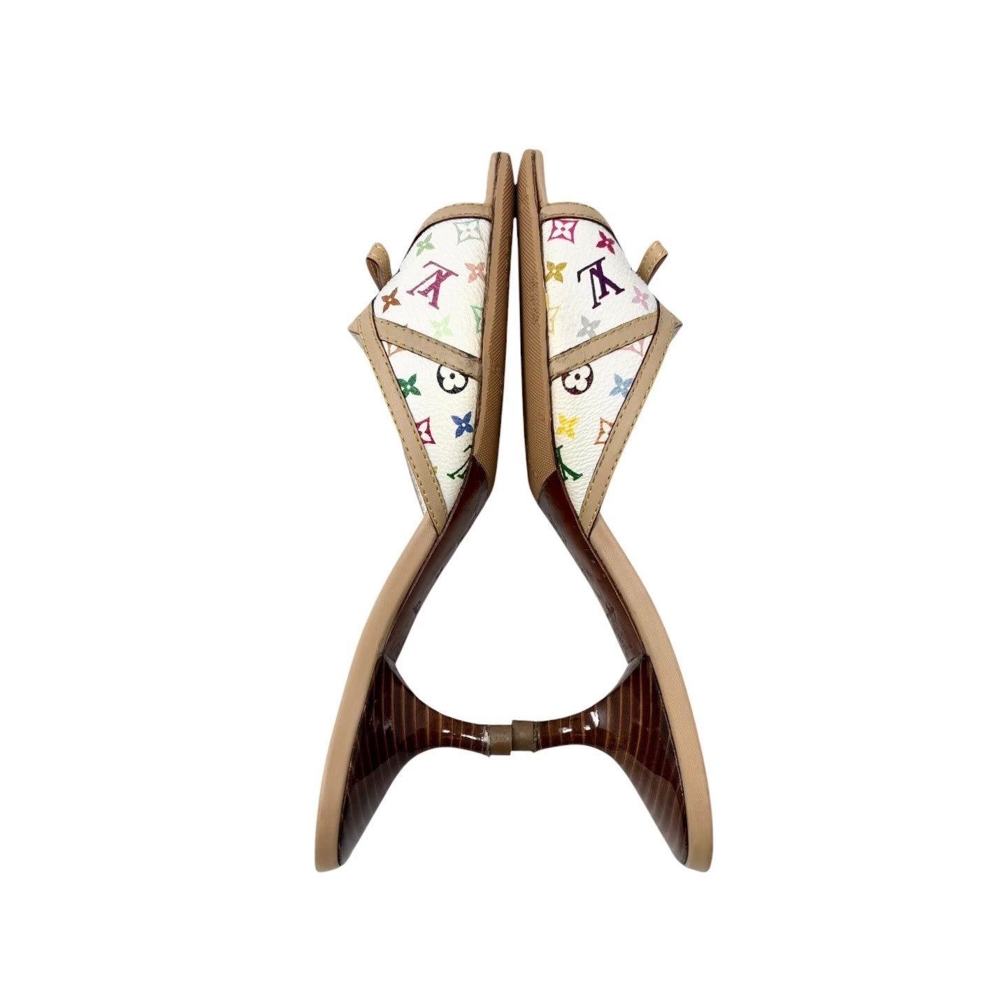 LOUIS VUITTON Vintage Monogram Multicolor Sandals Heels #37 White Beige