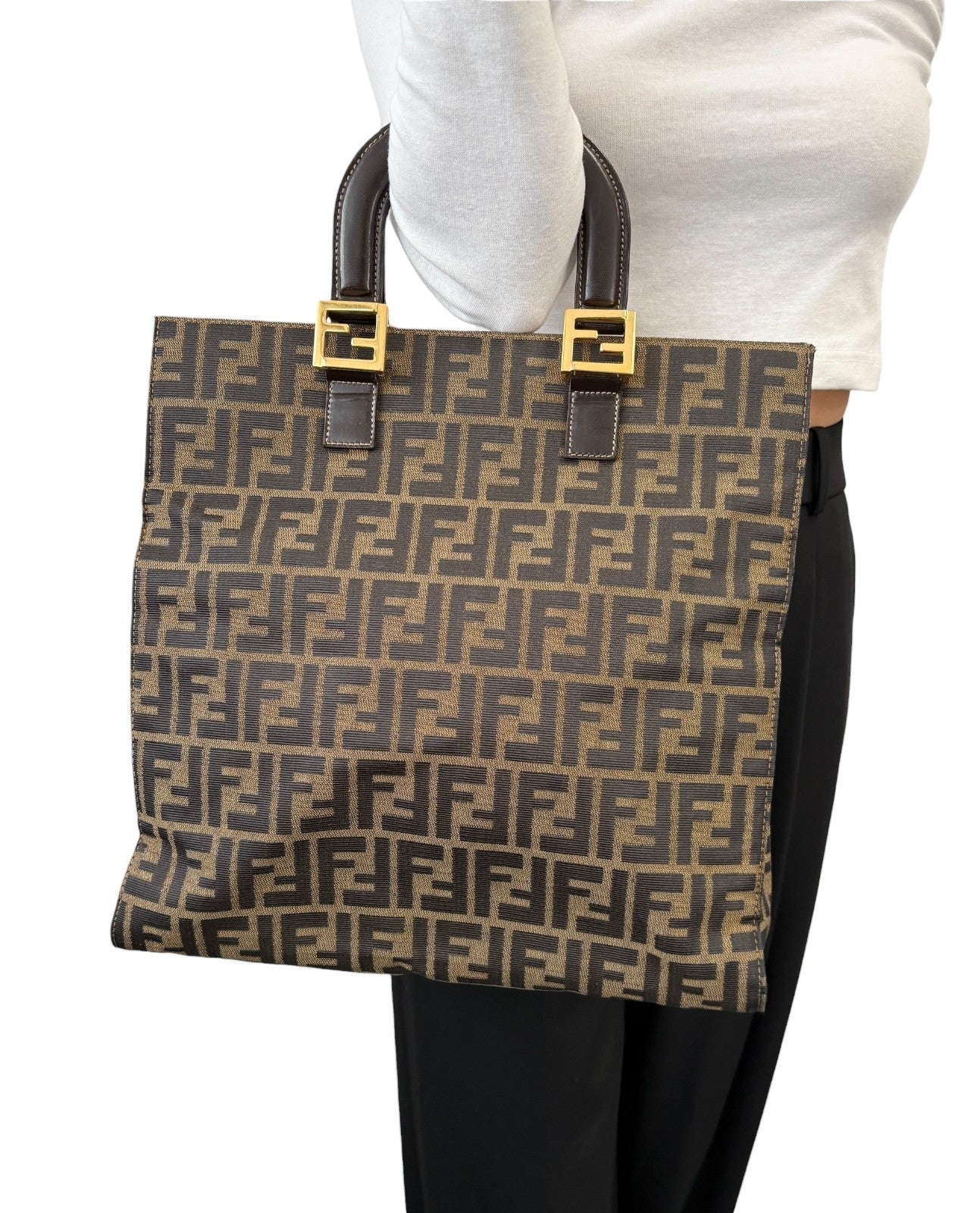 Fendi Vintage Zucca Canvas Tote Bag FF Logo Monogram Brown Gold Leather