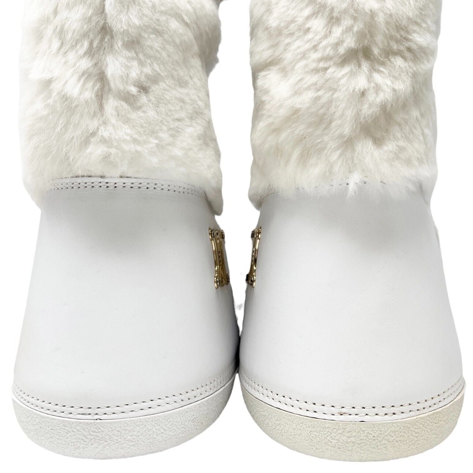 CELINE Vintage Macadam Logo Faux Fur Snow Boots #38-40 US8-10 White Gold RankAB