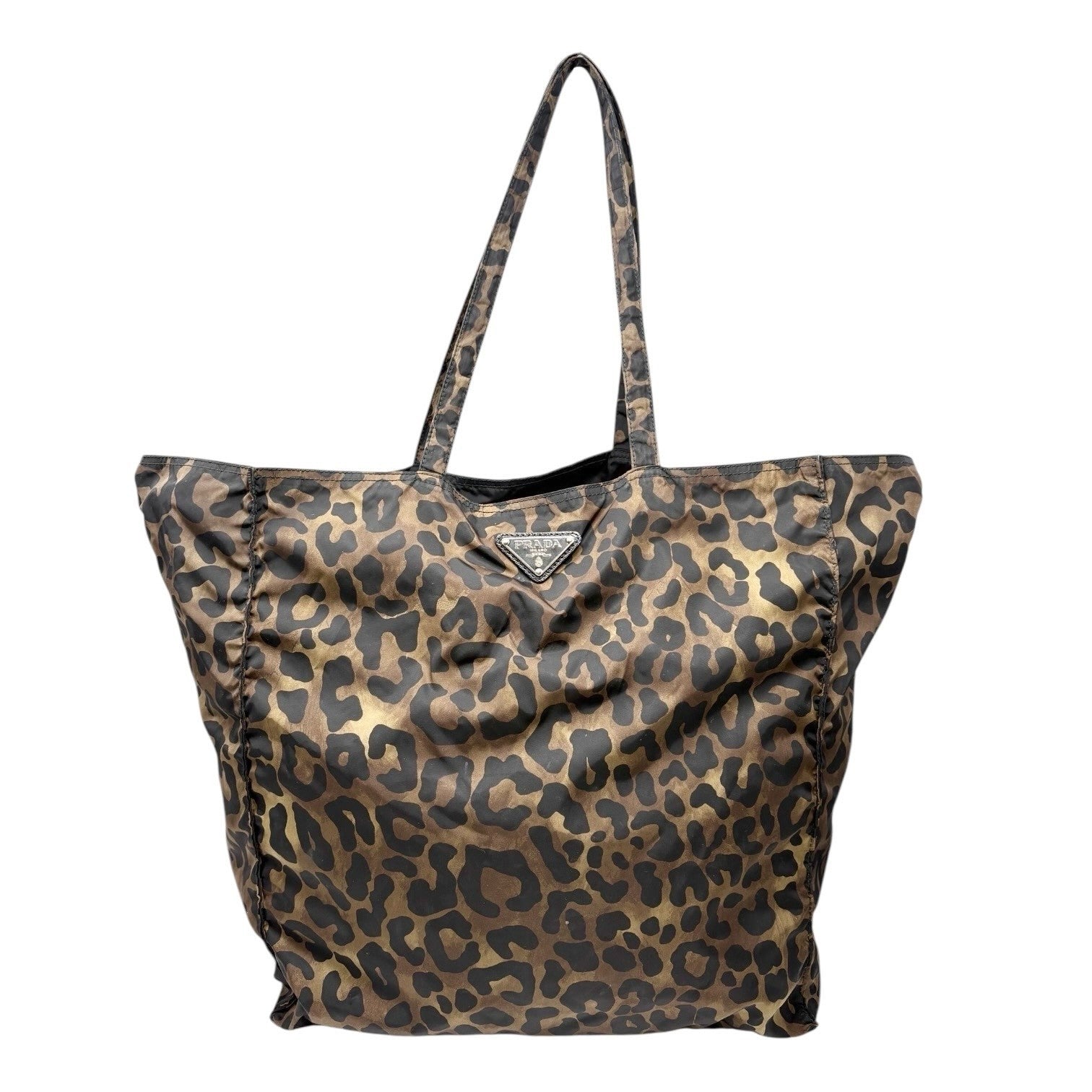 PRADA Vintage Logo Leopard Tote Shoulder Bag Khaki Black Silver Nylon Leather