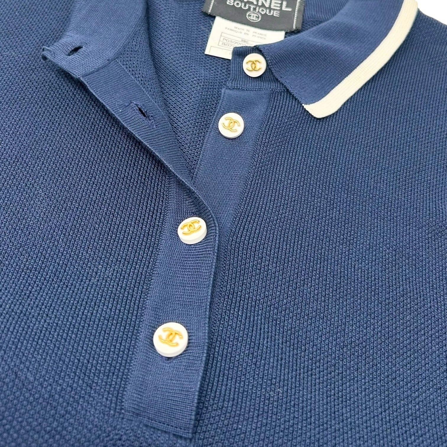 CHANEL Vintage 96C CC Logo Polo Dress One-Piece Button #42 Navy White Cotton