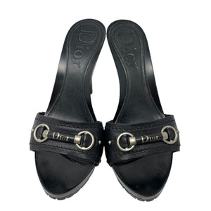 Christian Dior Vintage Logo Sandals Heels Mules #37.5-38 Black Silver Plastic