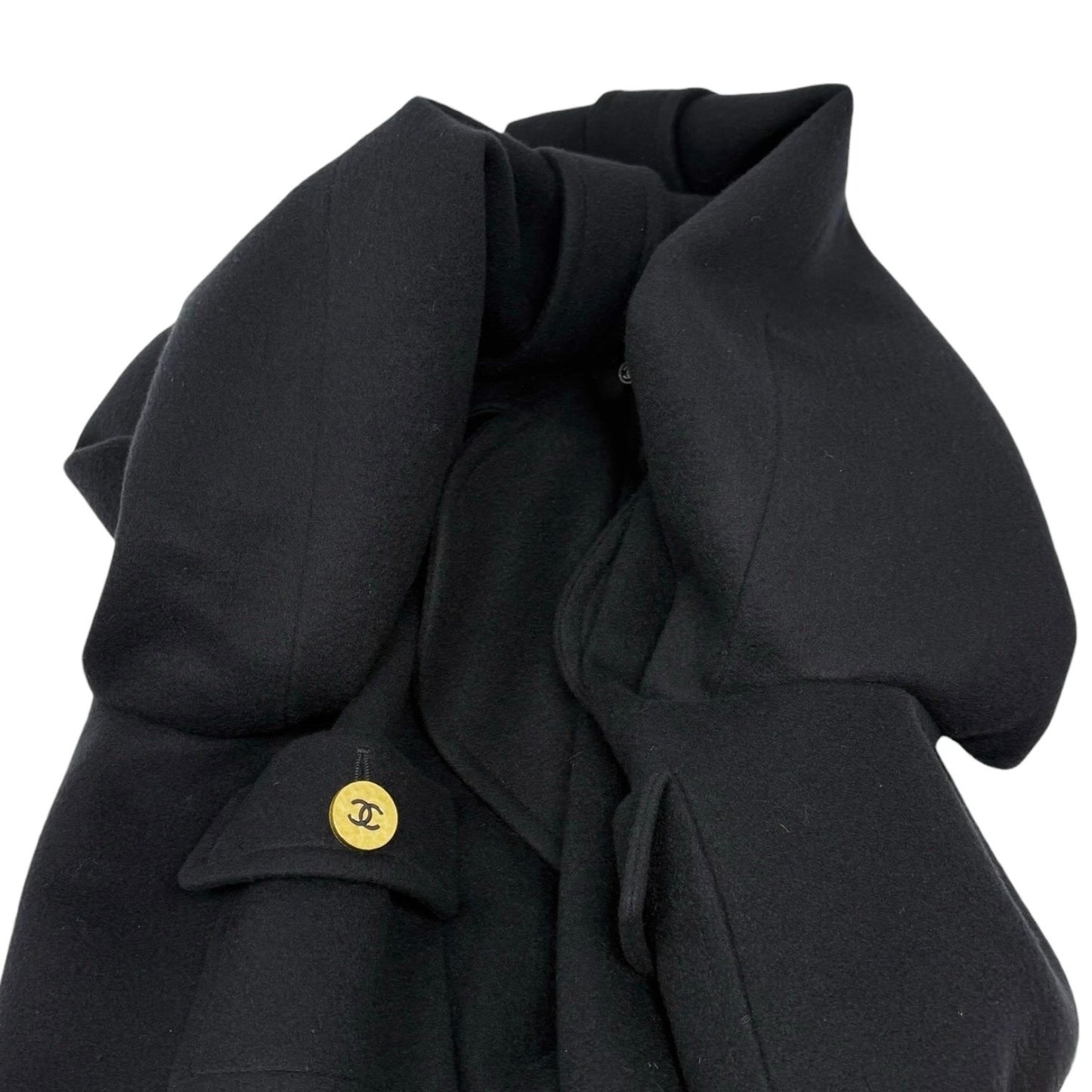 CHANEL Vintage CC Logo Button Cashmere Coat Jacket Belt Black Gold