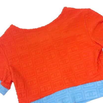 CHANEL Vintage 02S CC Logo Terry Cloth Cropped Zip Top #38 Orange Blue 902836