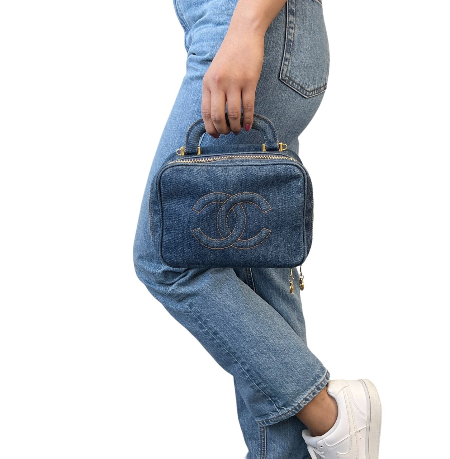CHANEL Vintage CC Logo Denim 2way Vanity Shoulder Bag Blue Gold Handbag