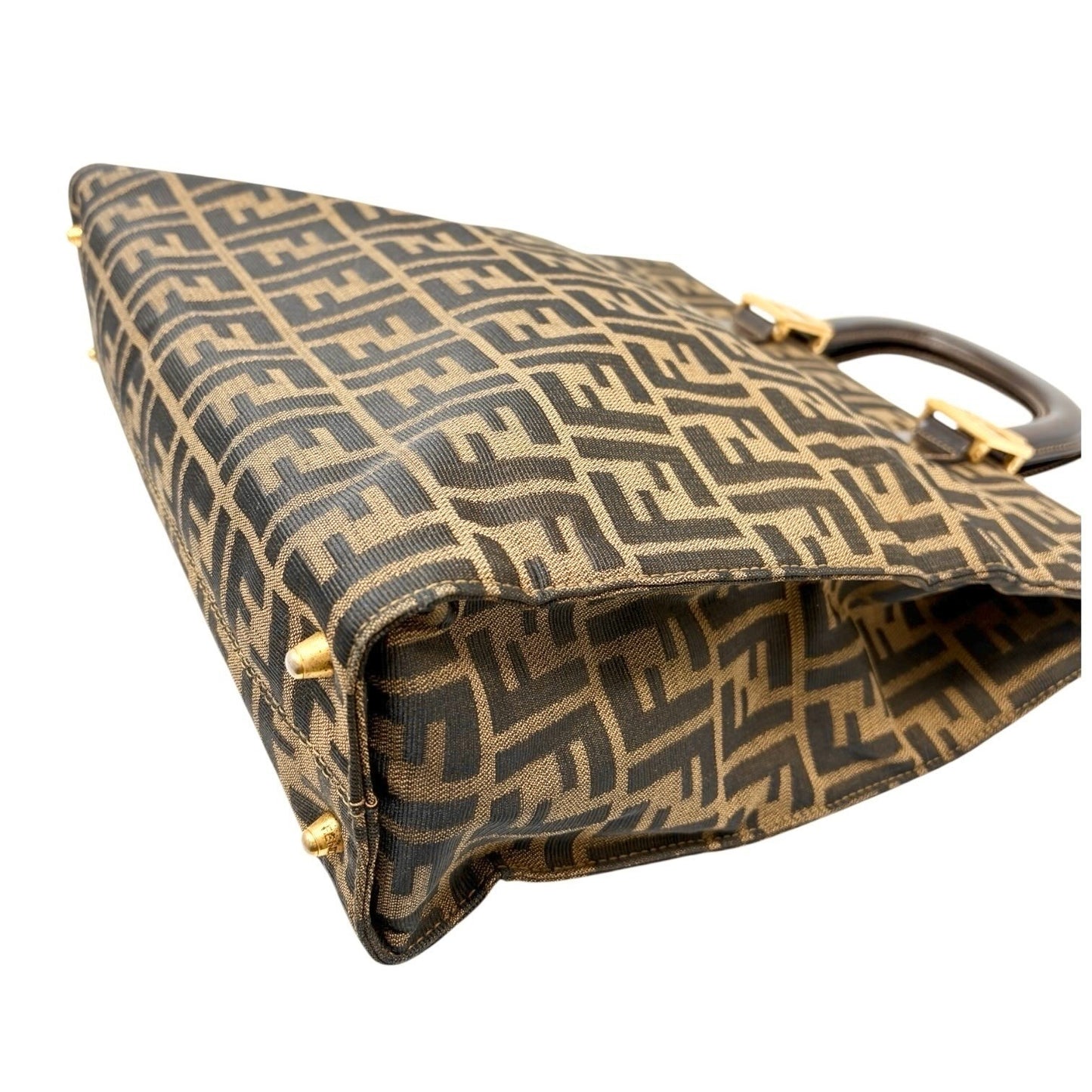 Fendi Vintage Zucca Canvas Tote Bag FF Logo Monogram Brown Gold Leather