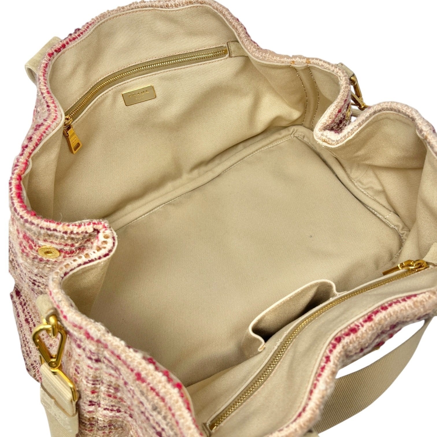 PRADA Vintage Logo Tweed 2way Tote Bag Crossbody Pink Cream Gold Wool Suede