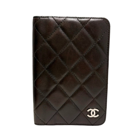 CHANEL Vintage CC Logo Quilted Leather Notebook Cover Brown Silver 901811