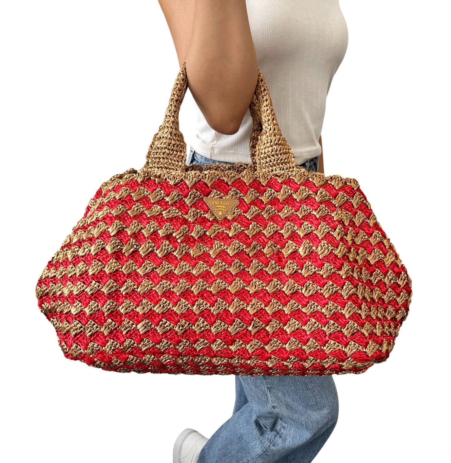 PRADA Vintage Triangle Logo Raffia Canapa Tote Bag Brown Red Crochet 902049