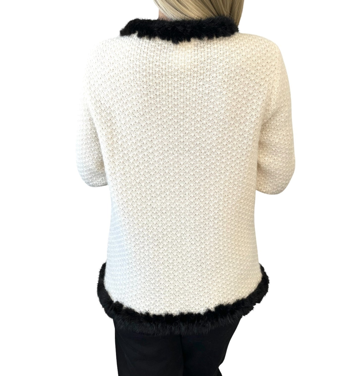 CHANEL Vintage 03A CC Logo Fur Trim Knit Cardigan #42 Cream Brown Mohair 901978