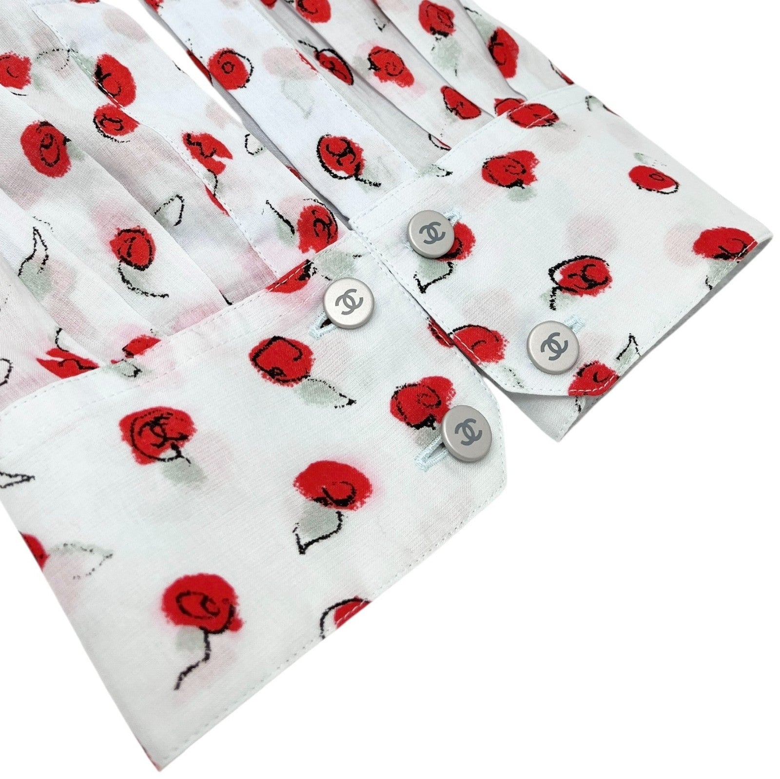 CHANEL Vintage 99S CC Logo Flower Print Shirt Top #44 Button Light Blue Red