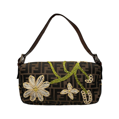 FENDI Vintage FF Zucca Mamma Baguette Shoulder Bag Flower Brown Canvas 902041