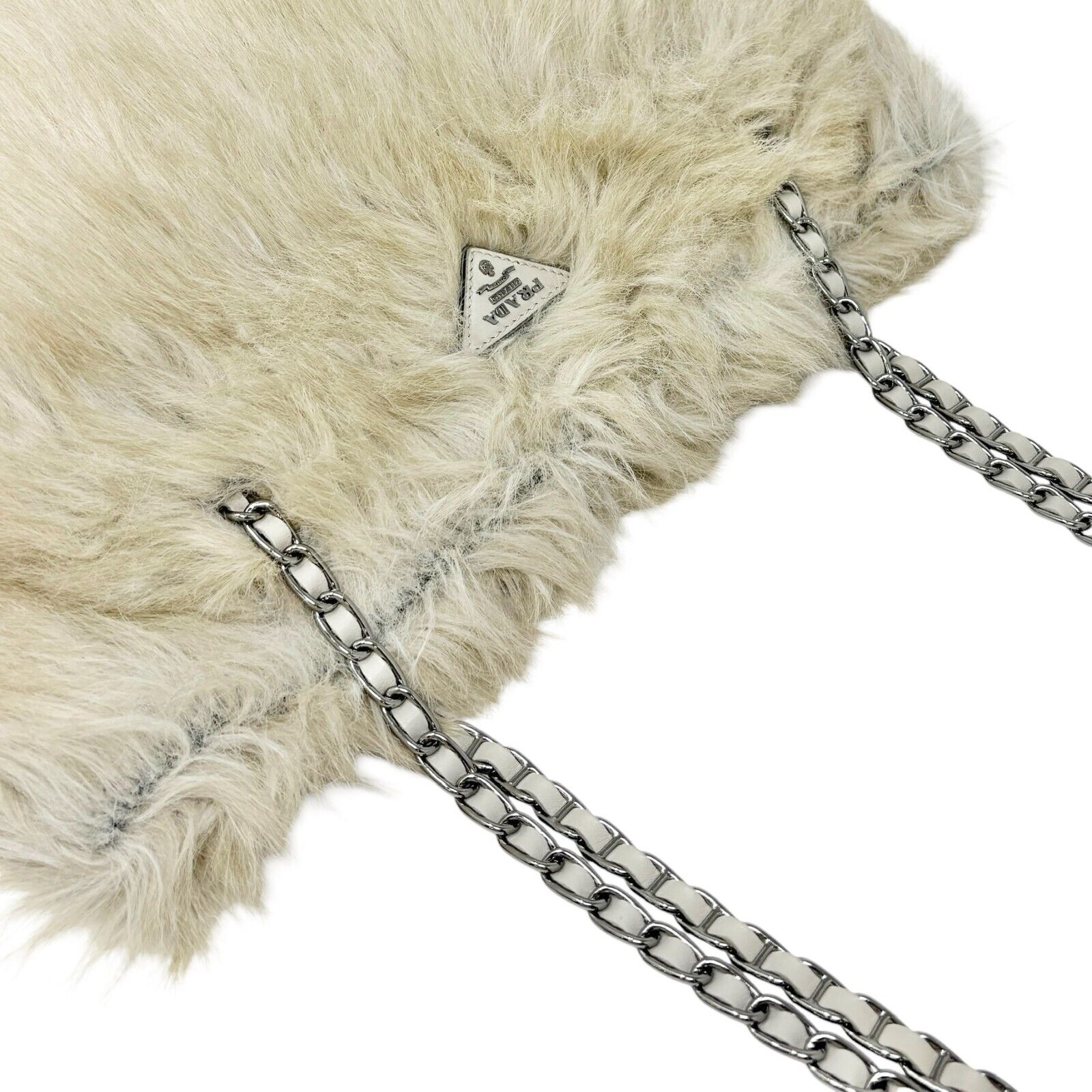 PRADA Vintage Logo Chain Tote Bag Medium Cream Silver Faux Fur Leather Rank AB