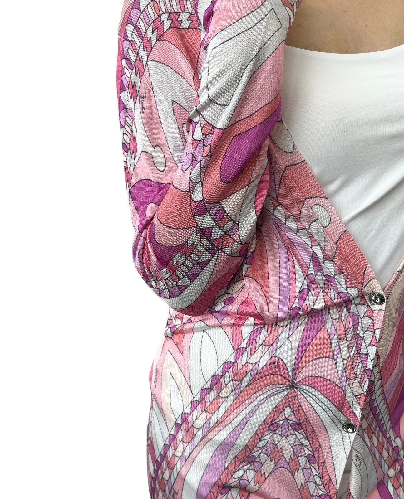 EMILIO PUCCI Vintage Logo Knit Cardigan Top #34 Multicolor Pink Rayon Button