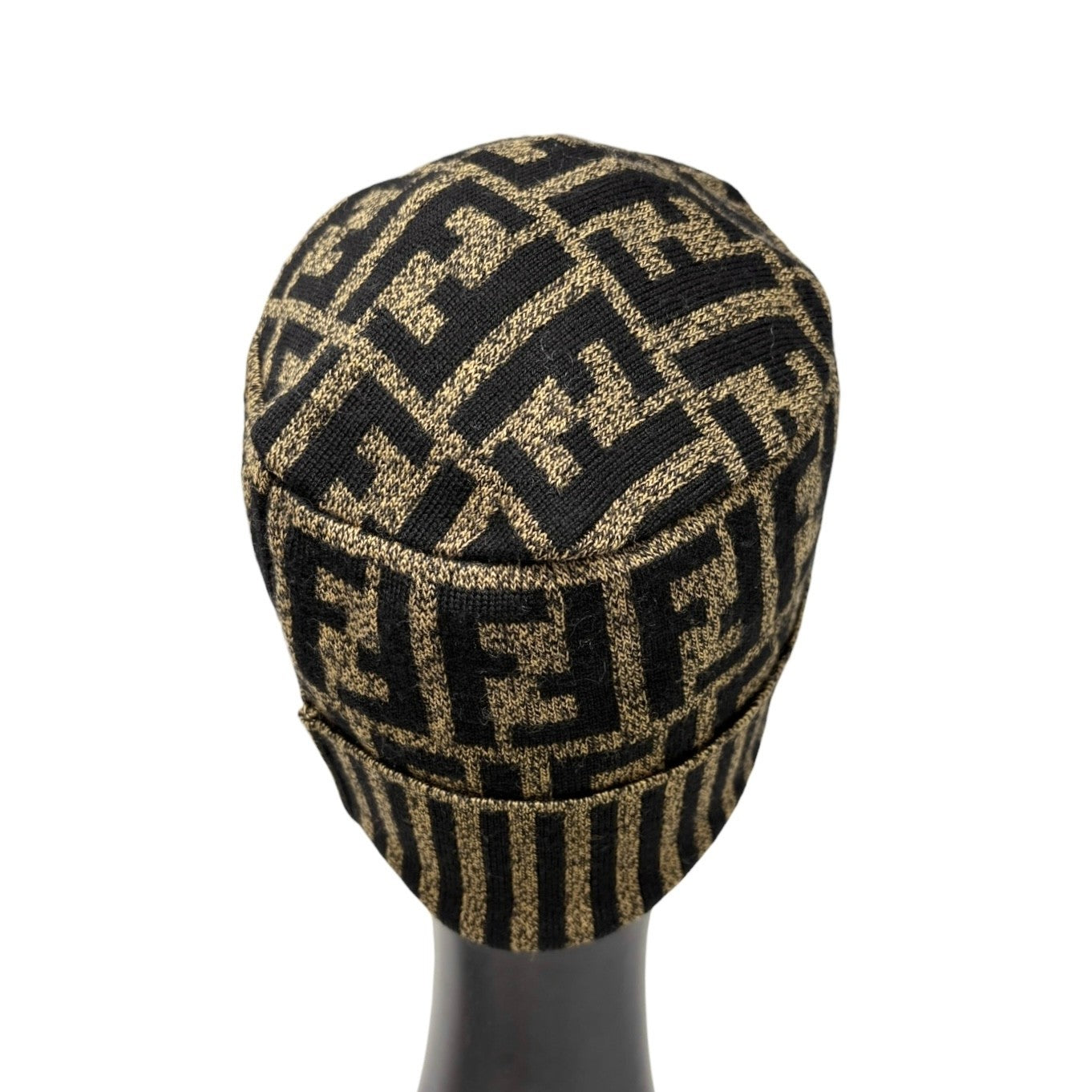 FENDI Vintage Zucca Knit Beanie Cap Stripe Brown Black FF Logo Monogram Wool