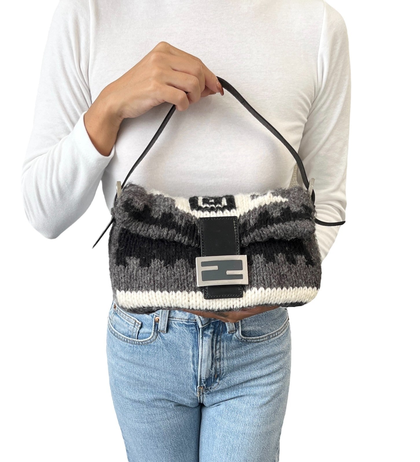 FENDI Vintage FF Logo Knit Mamma Baguette Shoulder Bag Black Gray Silver Wool