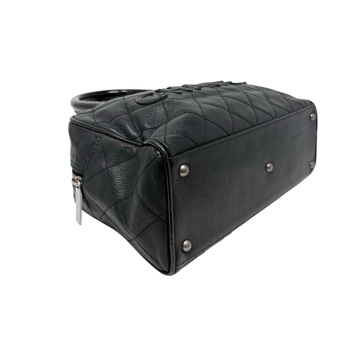 CHANEL Vintage CC Big Logo Quilted Leather Mini Bowling Boston Bag Black Silver