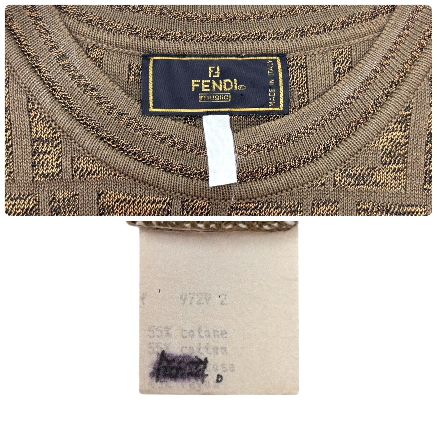 FENDI Vintage Zucca Monogram Logo Knit Top Short Sleeve Sweater Brown Cotton