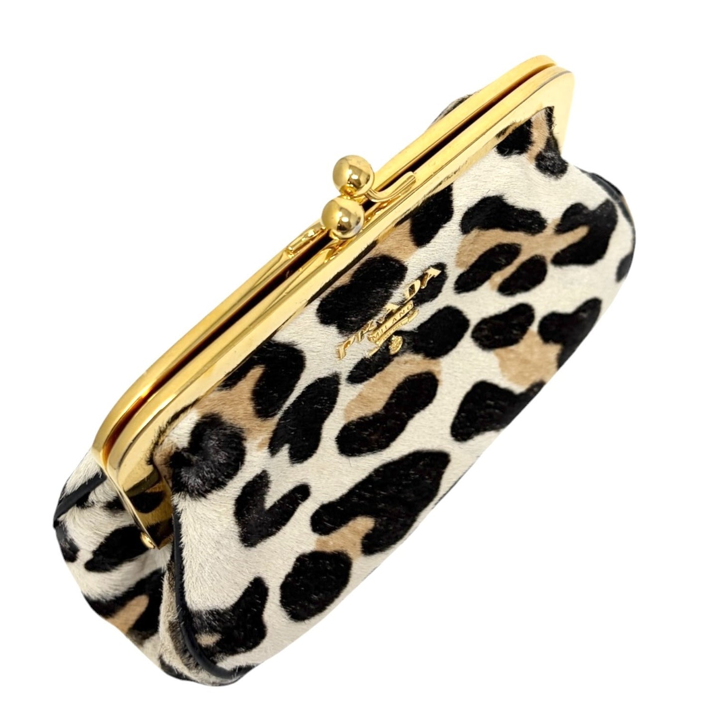 PRADA Vintage Logo Leopard Wallet Coin Purse Beige Black Pony Calf Hair 901841