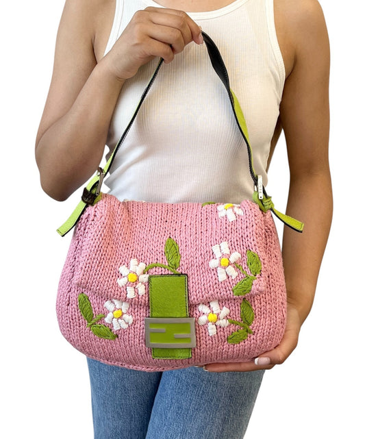 FENDI Vintage Mamma Baguette Crochet Shoulder Bag Flower Pink Wool 901957