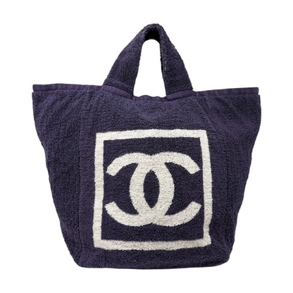 CHANEL Sport Vintage CC Big Logo Beach Terry Cloth Tote Bag Dark Blue 902369