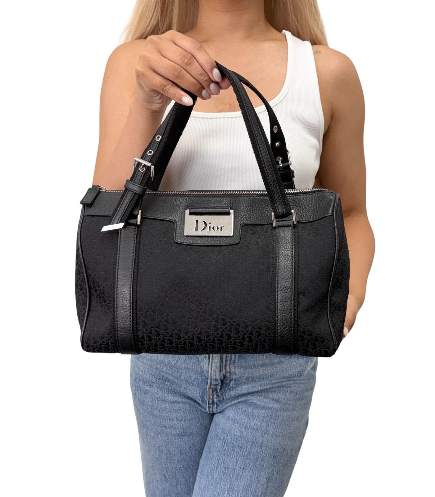 Christian Dior Street Chic Trotter Monogram Boston Bag Black Canvas 902442