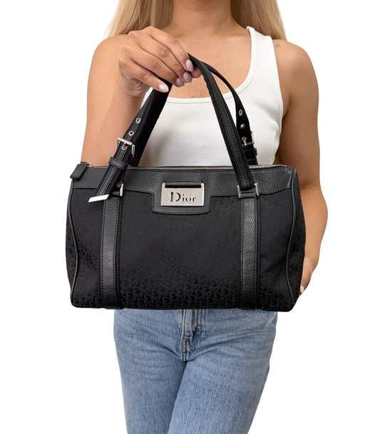 Christian Dior Street Chic Trotter Monogram Boston Bag Black Canvas 902442