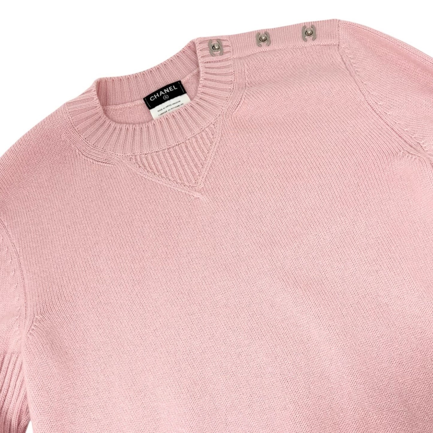 CHANEL Vintage CC Logo Turnlock Cashmere Ribbed Sweater Top #36 Pink 902225