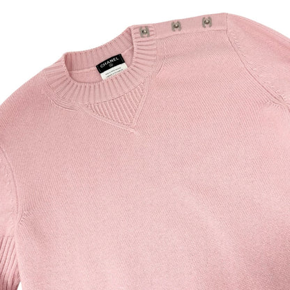 CHANEL Vintage CC Logo Turnlock Cashmere Ribbed Sweater Top #36 Pink 902225