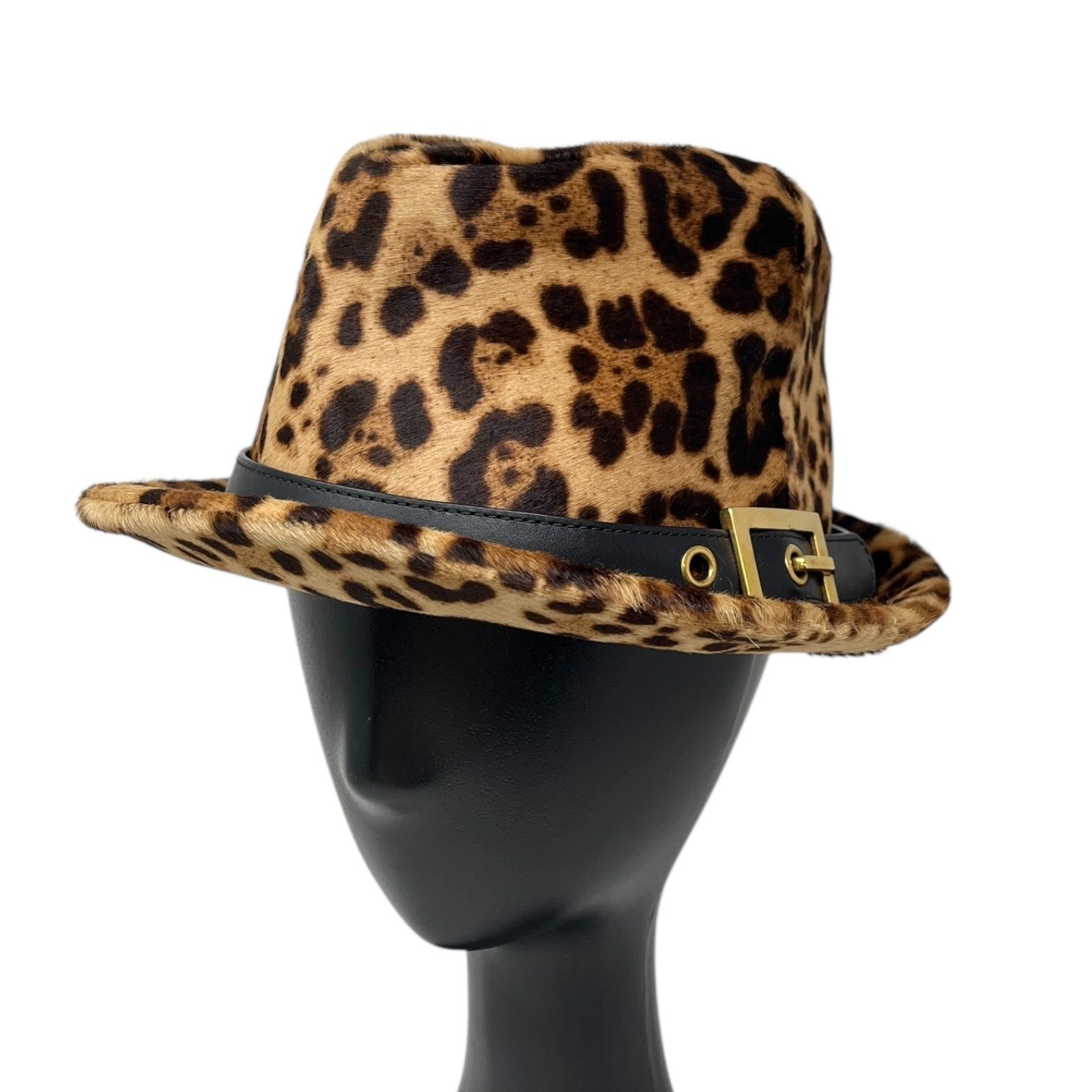 GUCCI Vintage Logo Leopard Pony Calf Hair Hat #M Beige Brown Cotton Belt